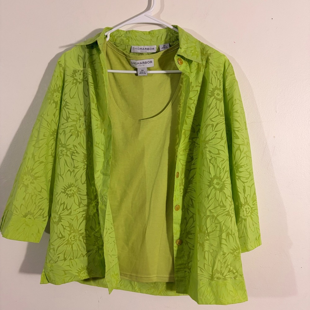 Sag Harbor Petite Shirt Tank Set PM Lime Green  Floral Burnout 2PC TOP